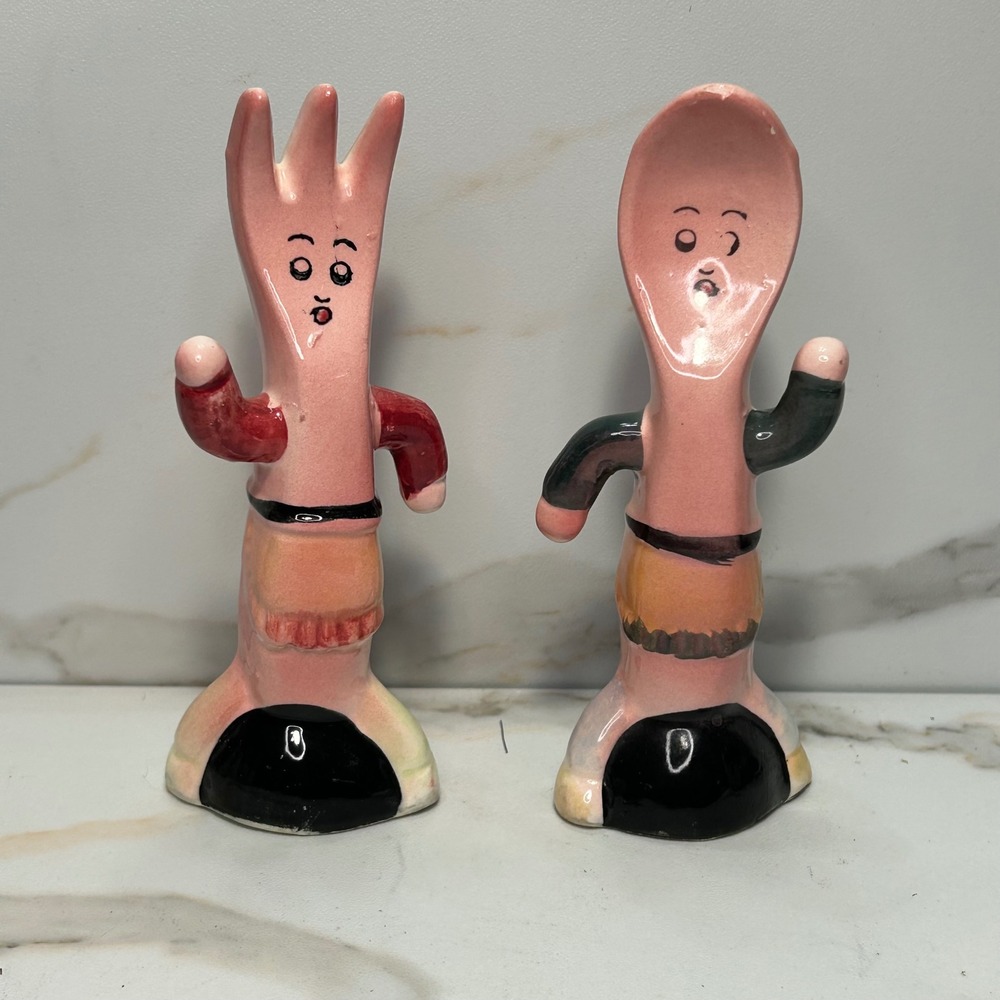Vintage Fork Spoon Salt Pepper Shakers Ceramic Anthropomorphic Kitchen Kitsch